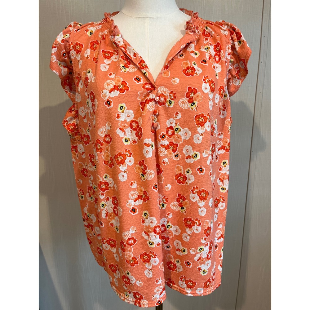 Melloday Coral Orange Floral Ruffle Cap Sleeve Top, XL
